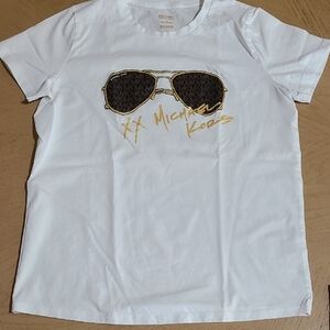 Michael Kors White Tee with Gold Signature and Sunglasses